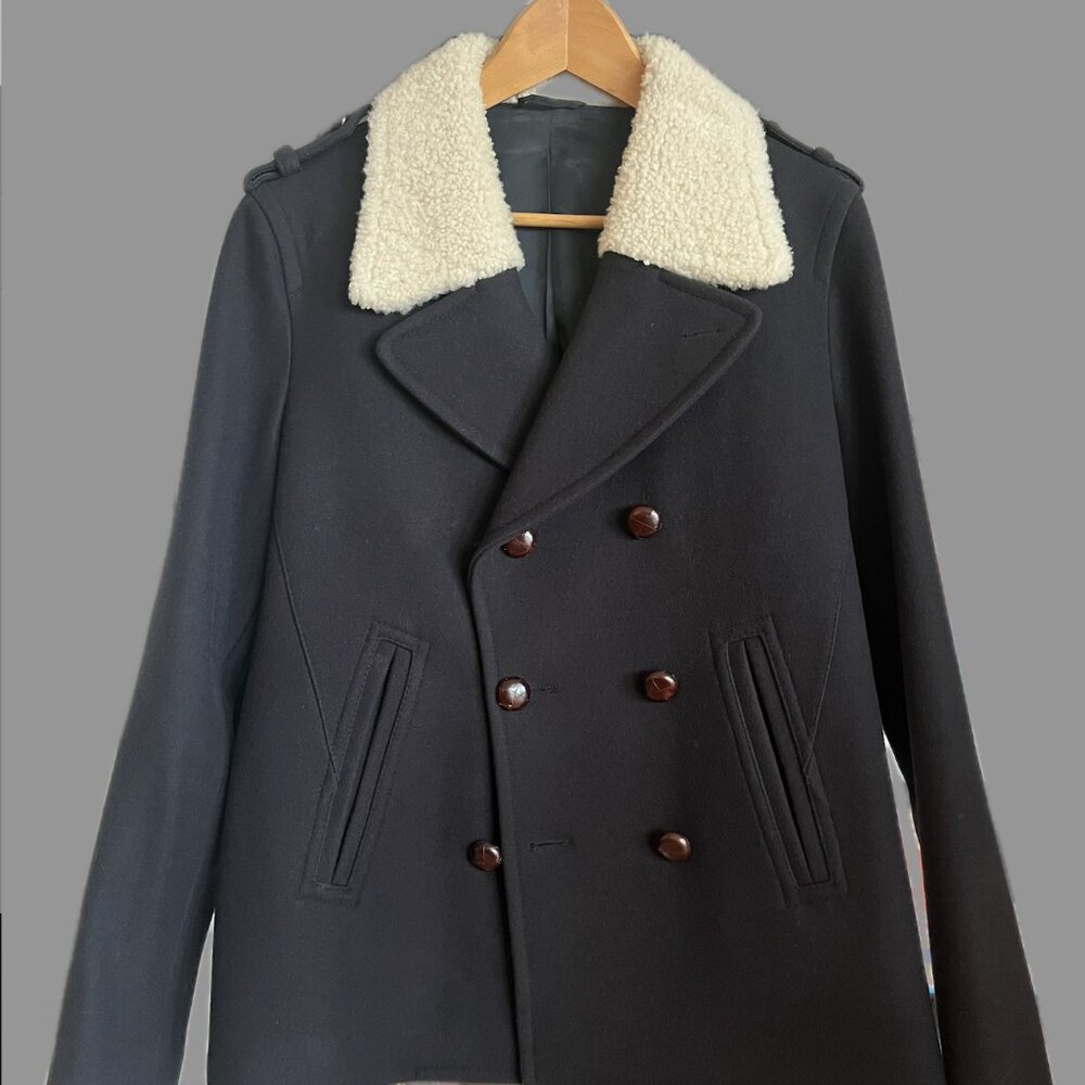 $1985 Neil Barrett Wool Navy Blue Peacoat with Real Shearling Collar. Medium